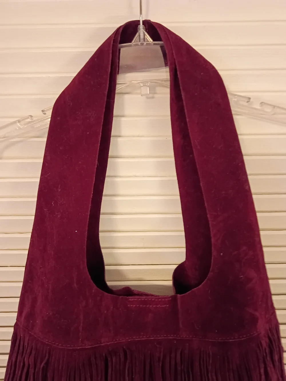 Fringed Suede Hobo Bag in Burgundy